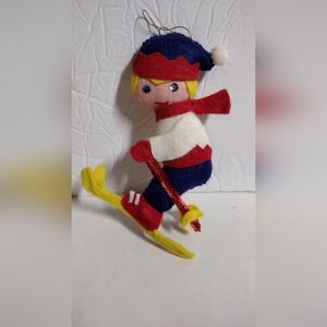 Vintage Needle Felt Christmas Ornament Skier Snow Winter Boy Handmade 5"